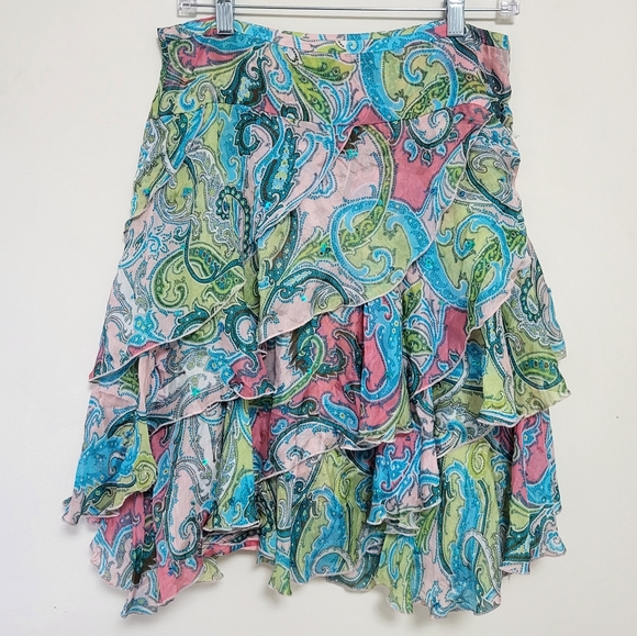 Vintage Silk Paisley Ruffle Low Rise Tiered Skirt Y2K Coquette Fairycore Preppy - Picture 1 of 9
